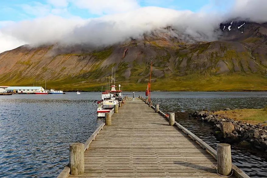 Wooden pier at Siglufjordur harbor in Iceland
