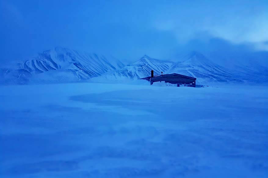 Beautiful winter landscape in Svalbard during the blue season of February