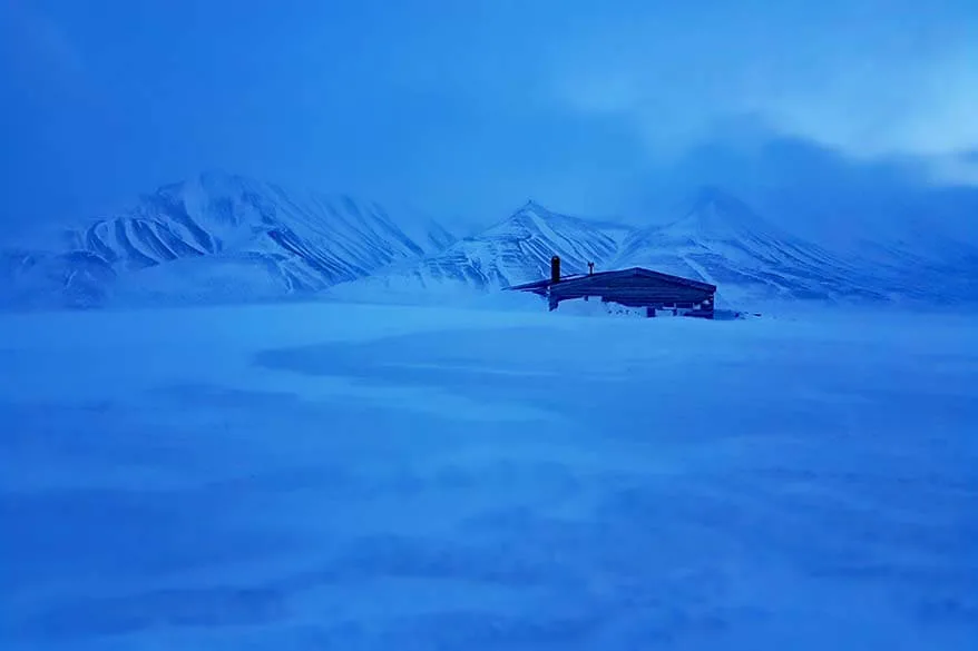 Beautiful winter landscape in Svalbard during the blue season of February