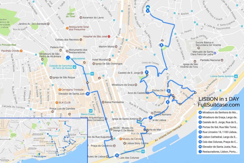 Lisboa en un día mapa a pie e itinerario