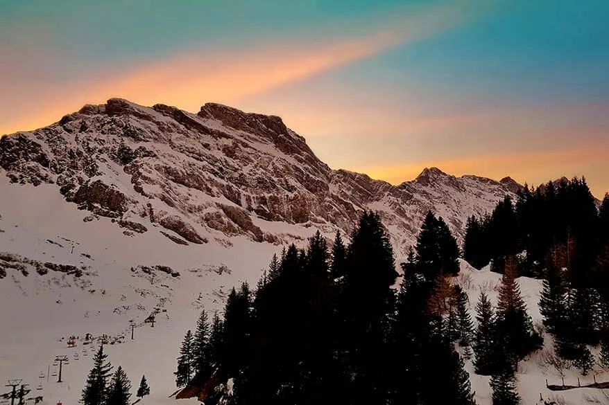 Mountain sunset at Hotel Trubsee in winter