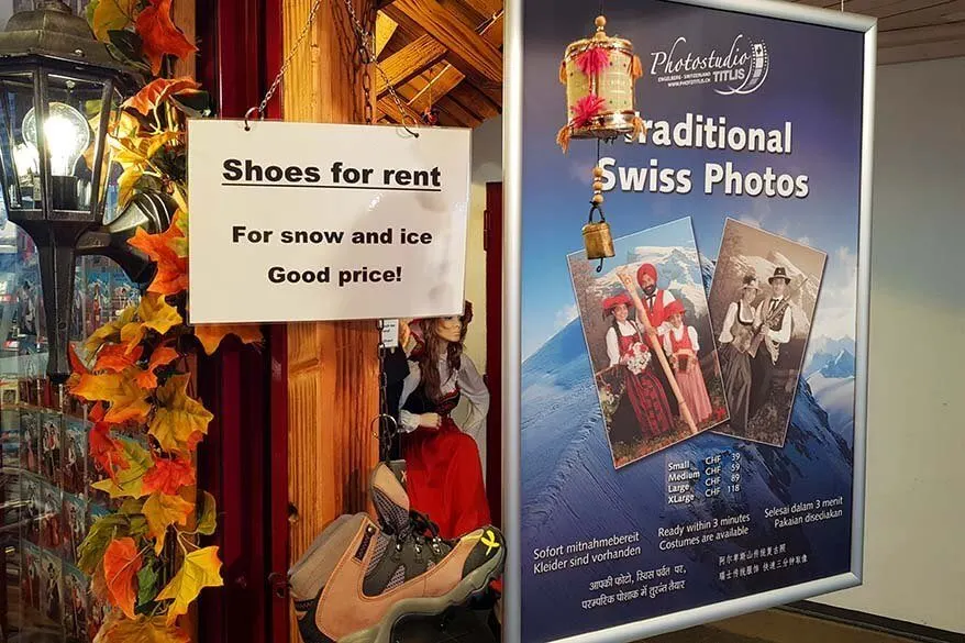 Mt Titlis shops - shoes for rent and pictures with traditional Swiss costumes