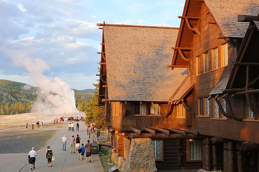 Old Faithful geyser as seen from the Old Faithful Inn