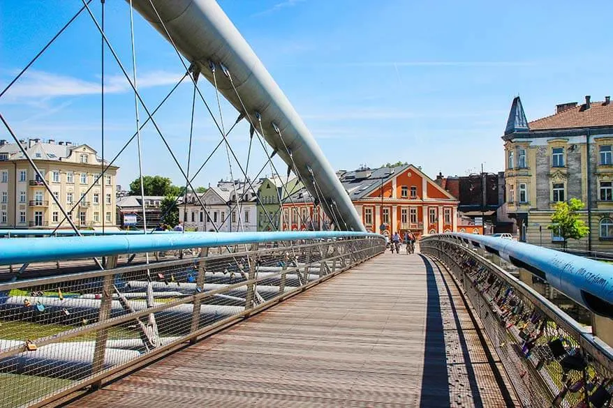 Pedestrian and bicycle bridge over Vistula river in Krakow Poland