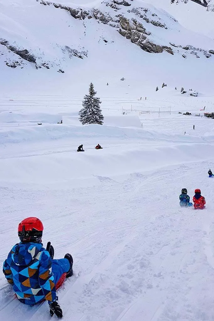 Kids sledding at Trubsee snow park in Engelberg