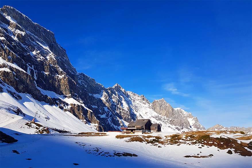 Winter landscape at Alpstubli mountain restaurant in Engelberg Titlis ski area