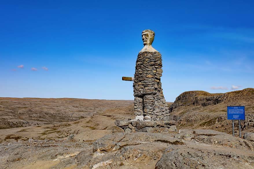 Kleifabui statue at Kleifaheidi mountain pass in the Westfjords in Iceland