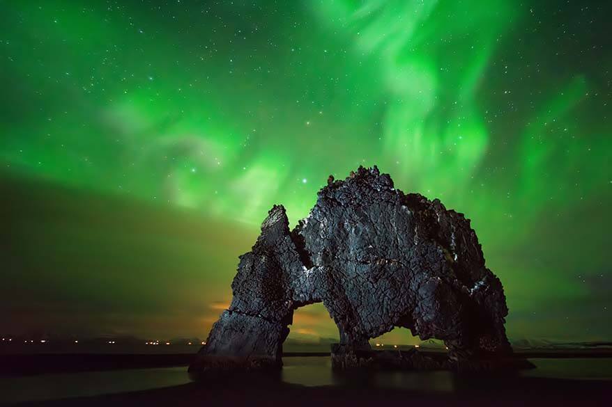 Northern Lights at Hvitserkur in Iceland