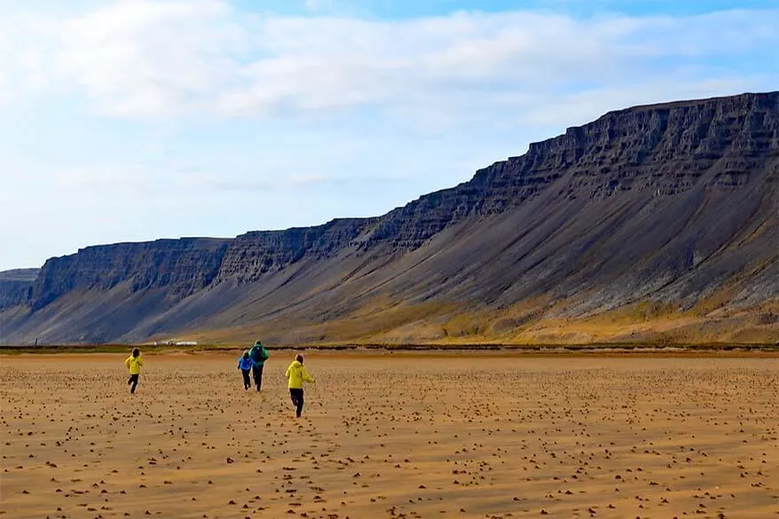 Kids at Raudisandur beach in the Westfjords