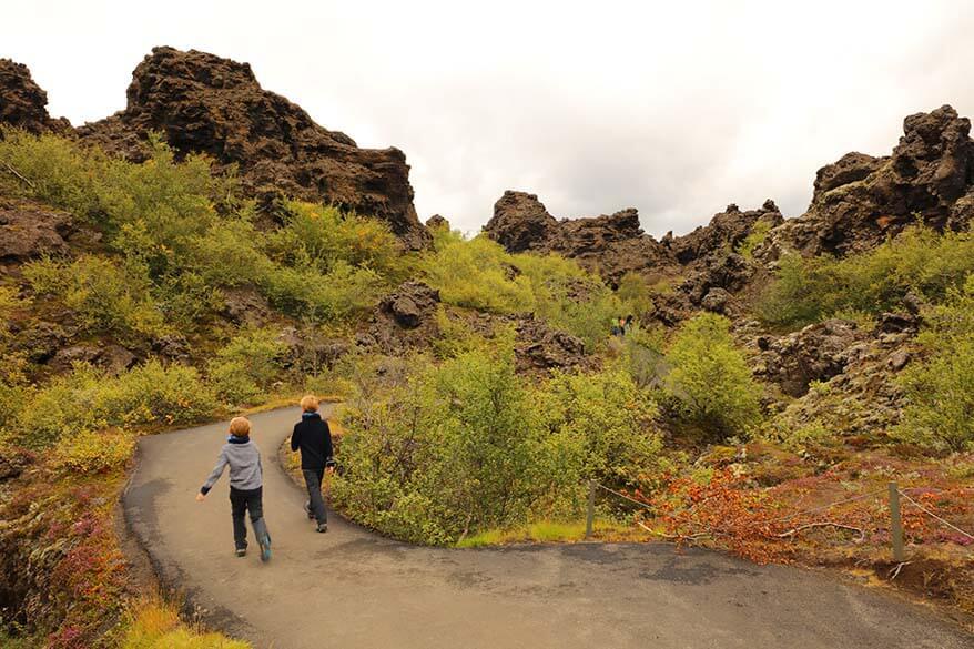 Kids hiking at Dimmuborgir in North Iceland