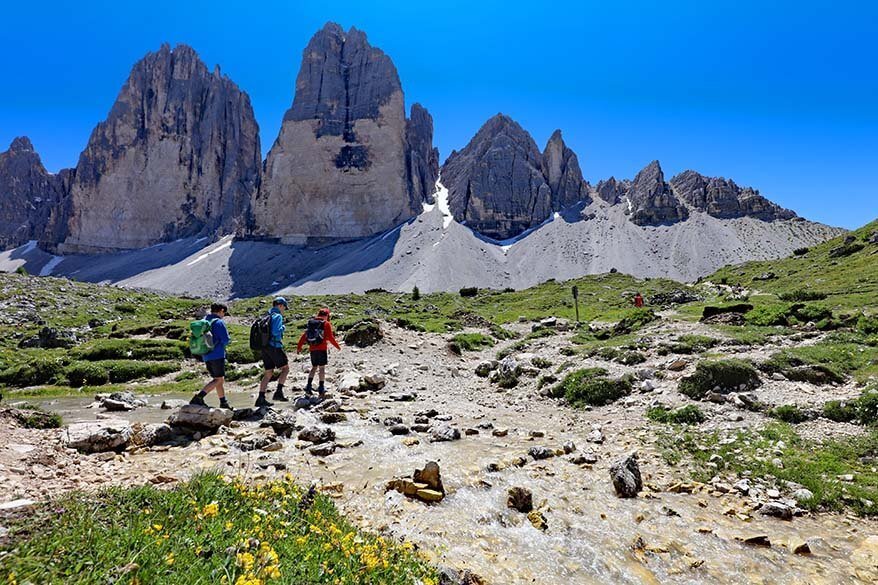 Crossing a river on the Tre Cime di Lavaredo hike