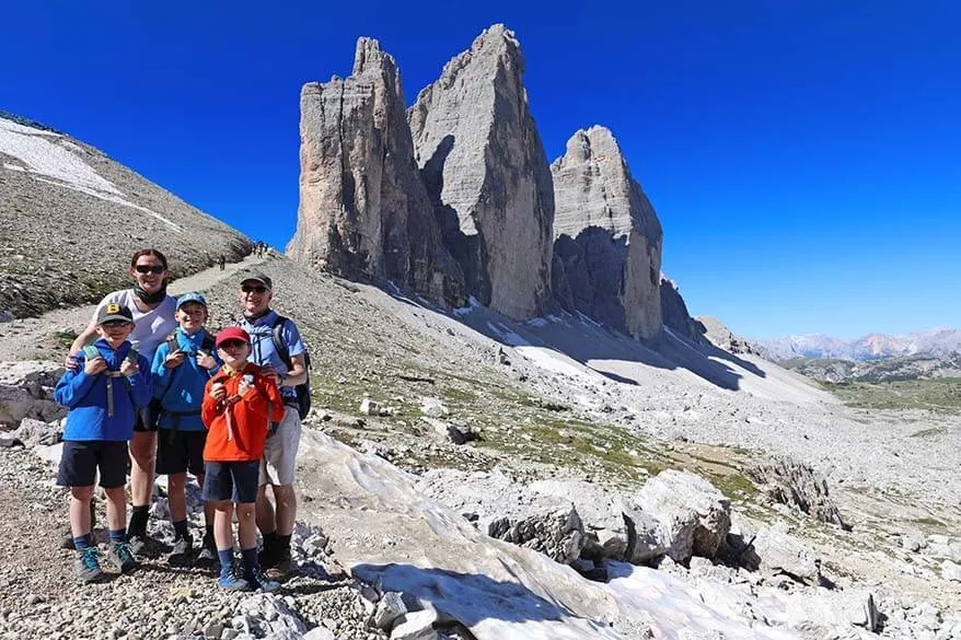 Full Suitcase family at Tre Cime di Lavaredo in Italian Dolomites