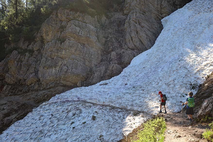 Hiking through snow - Lake Sorapis hike in the beginning of July