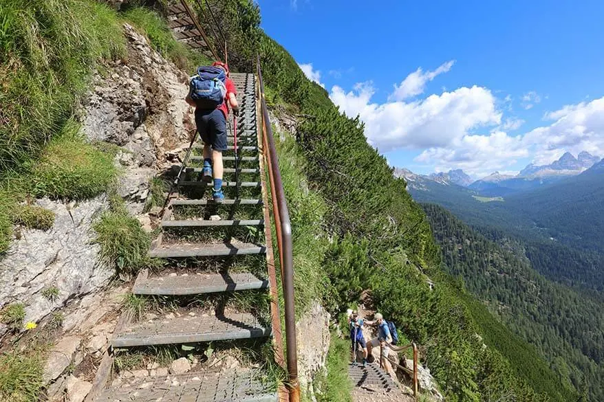 Metal staircases on Lago Sorapis hike