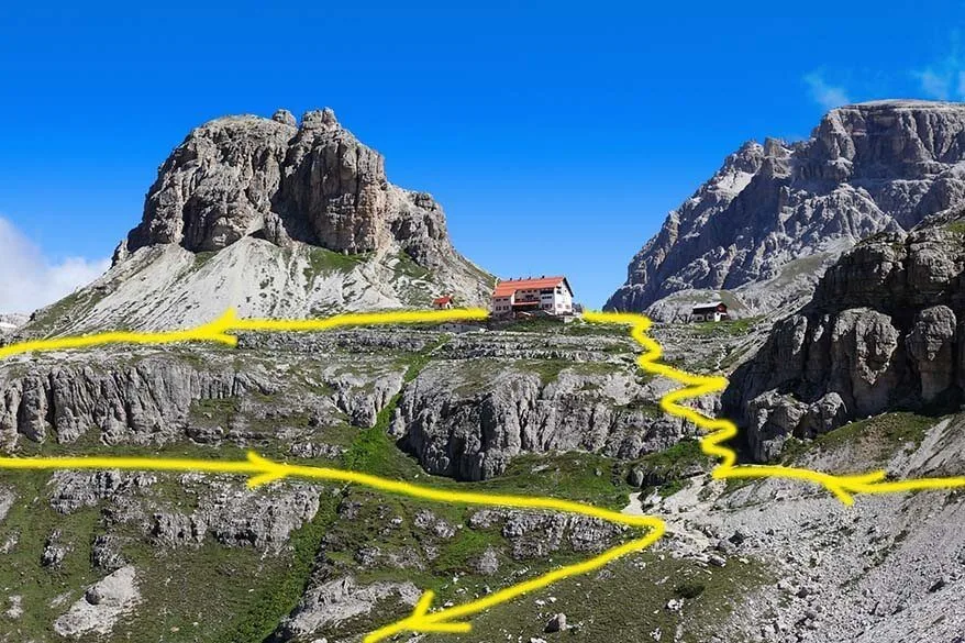 Rifugio Locatelli detour trail indicated on the picture