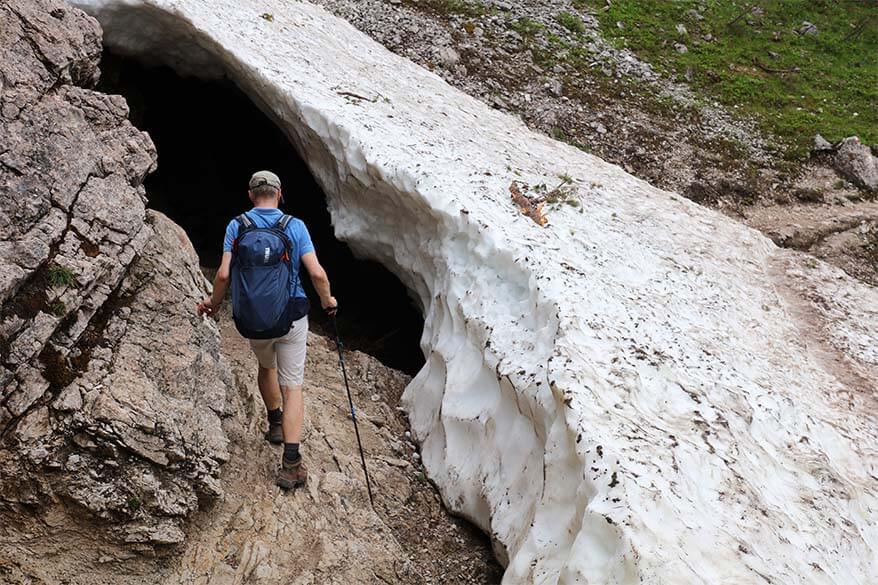 Snow tunnel on the Lake Sorapis hike in July