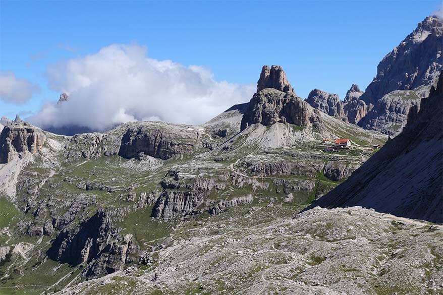 Tre Cime loop trail and scenery around Rifugio Locatelli