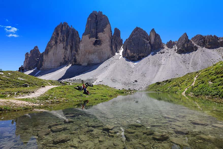 Tre Cime reflections on the lake near Malga Langalm