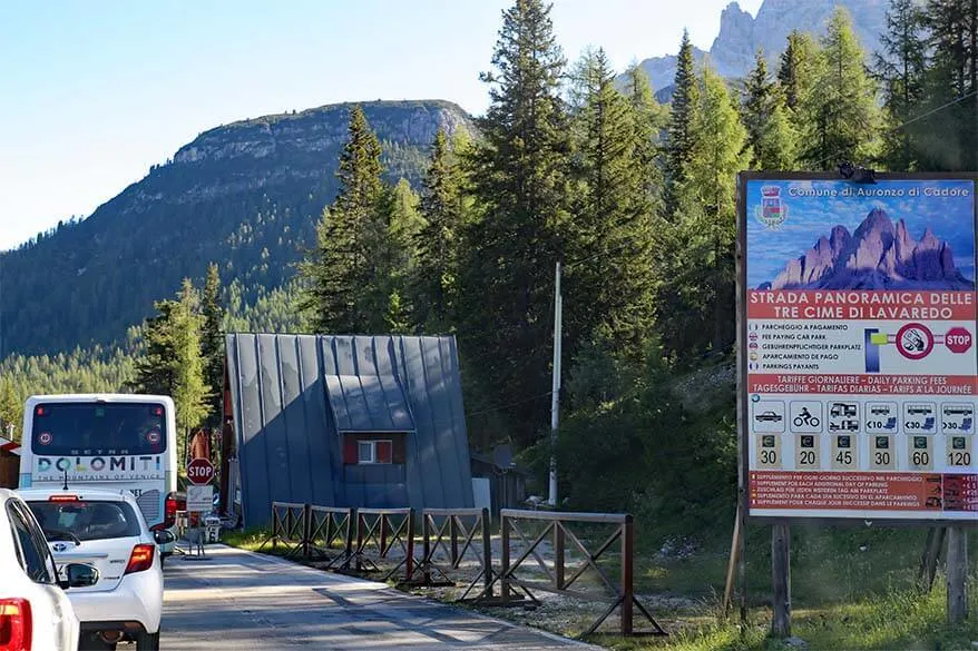 Tre Cime toll booth and rates