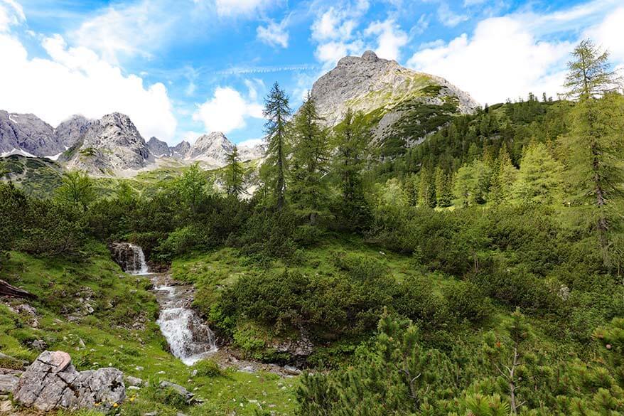 Waterfall along the Seebensee lake hiking trail