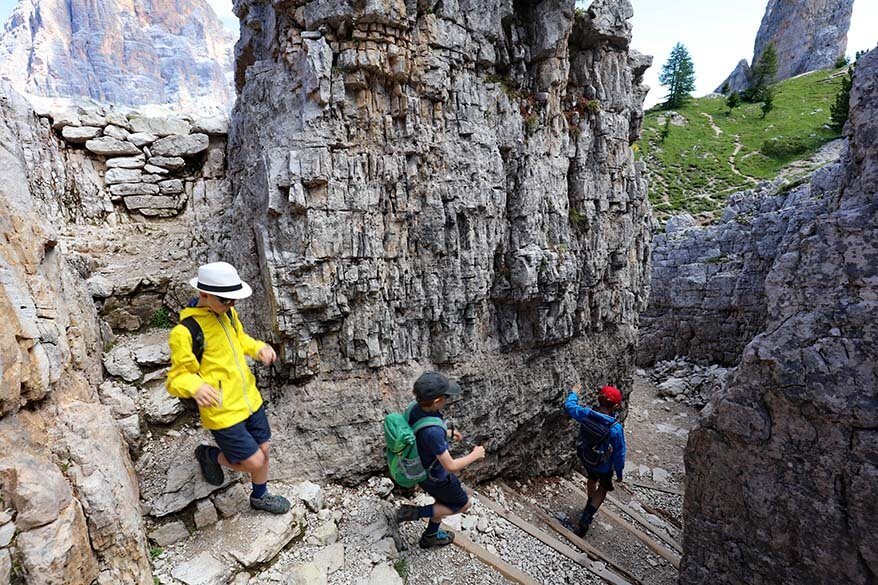 Hiking in the war trenches at Cinque Torri in Italy