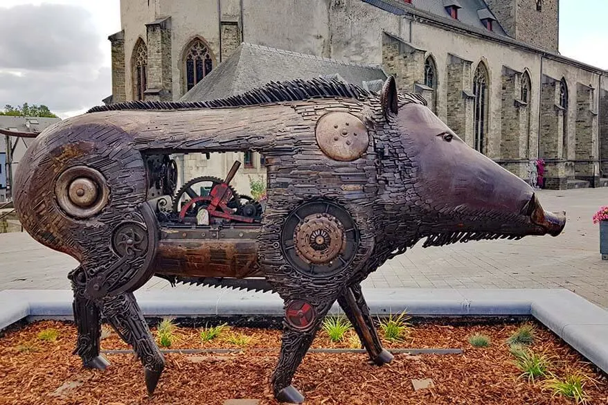 Wild boar statue in the center of Bastogne town in Belgium