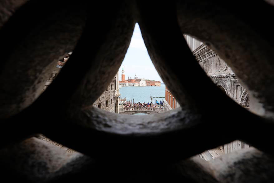 View from the inside of the Bridge of Sighs in Venice