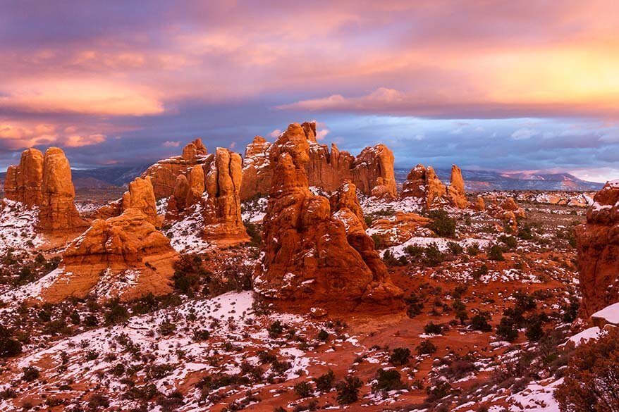Winter sunset in Arches National Park