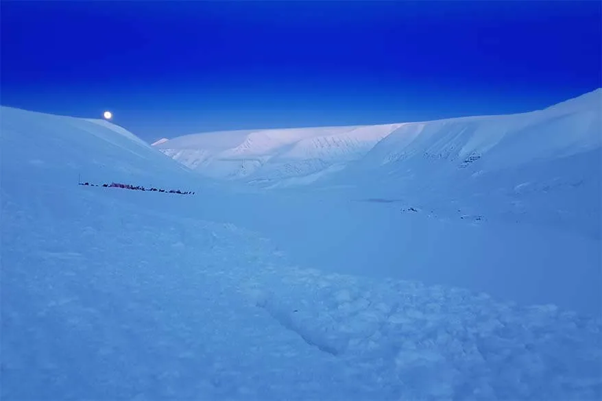 Blue light and winter scenery during the dog sledding and ice caves tour in Svalbard
