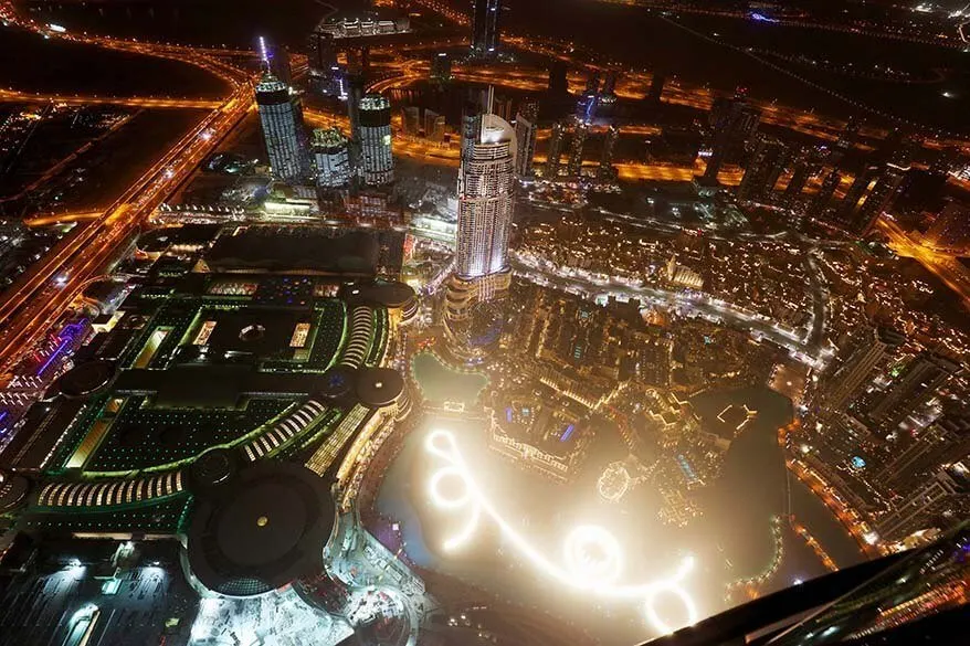 Dubai Fountain Show as seen from the top of Burj Khalifa at night
