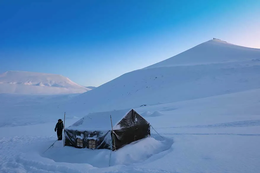 Tent at Scott Turner Glacier in Svalbard in winter