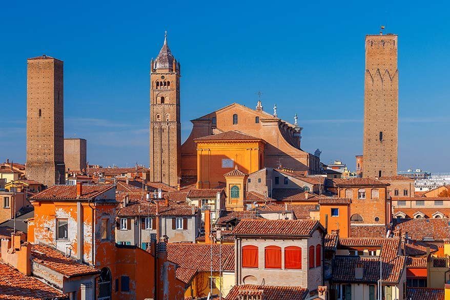 Rooftops and towers of Bologna city in Italy