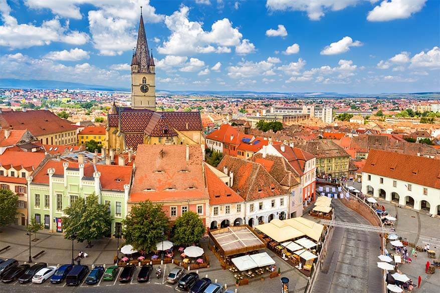 view of a typical street in the center of romanian city sibiu