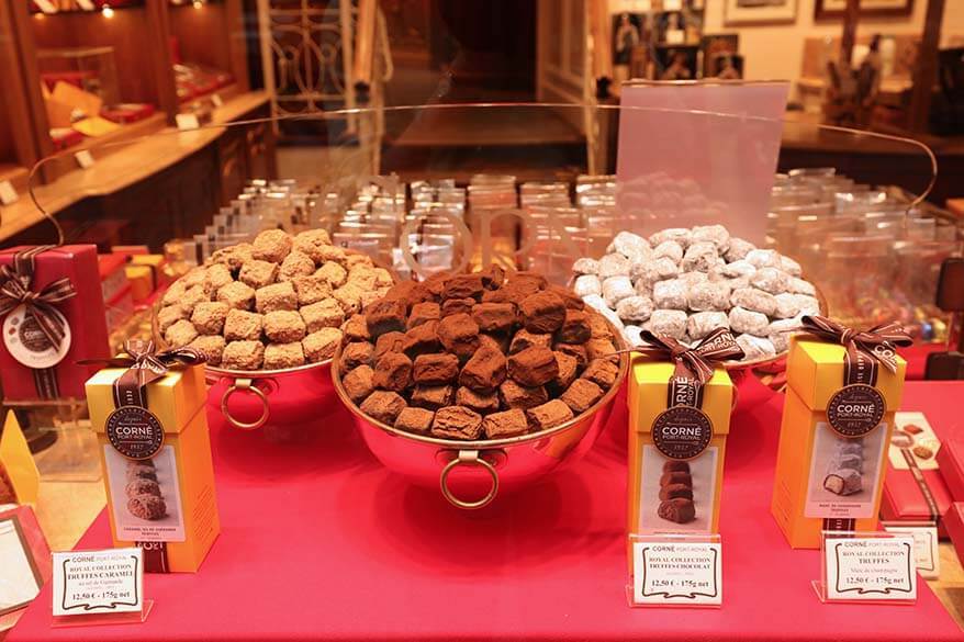 Belgian chocolate for sale at a chocolaterie in Brussels
