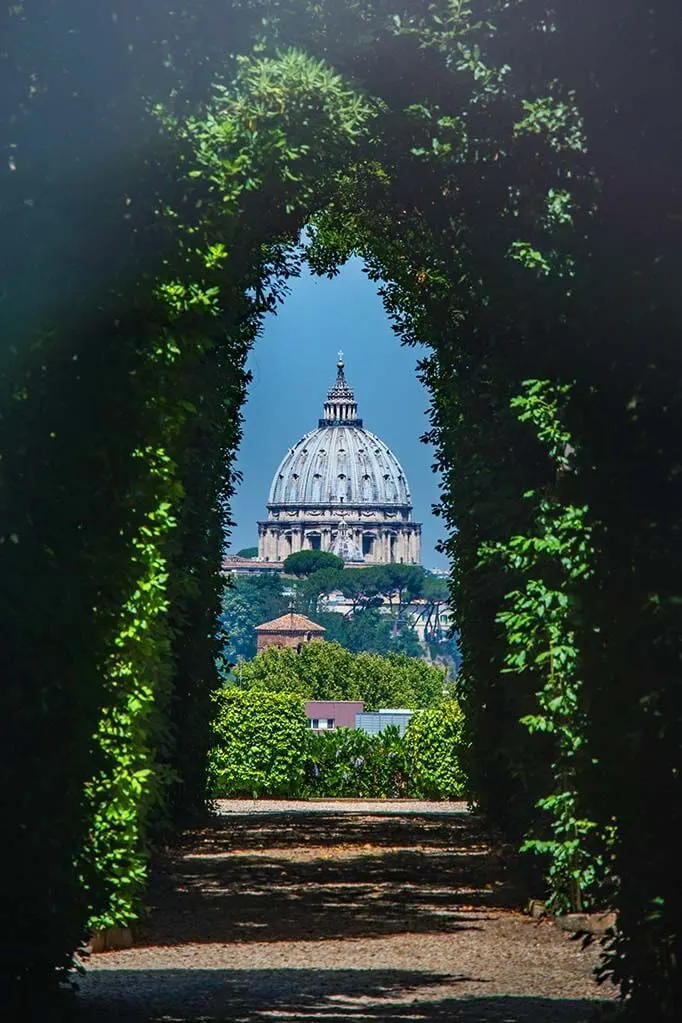 View through the Knights of Malta Keyhole in Giardino degli Aranci in Rome