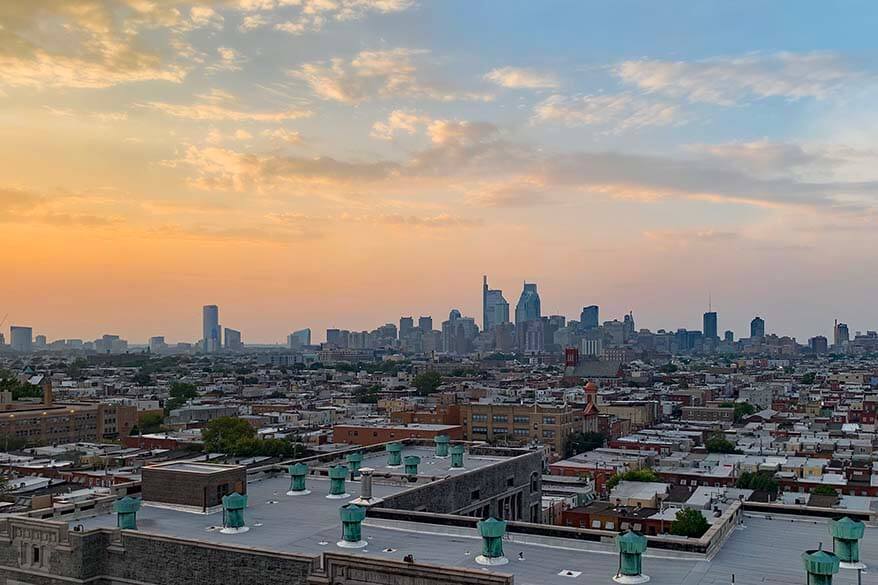 Sunset over Philadelphia skyline as seen from Bok Bar