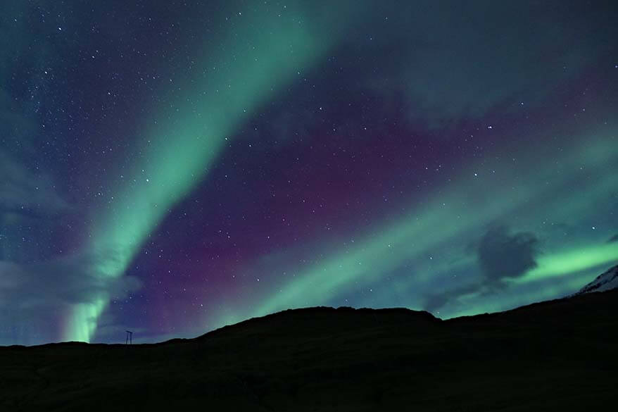 Green and purple Northern Lights in Iceland