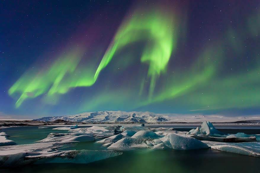 Northern Lights at Jokulsarlon Glacier Lagoon in Iceland