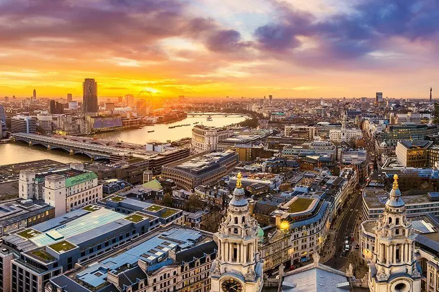 London skyline at sunset as seen from St Paul's Cathedral