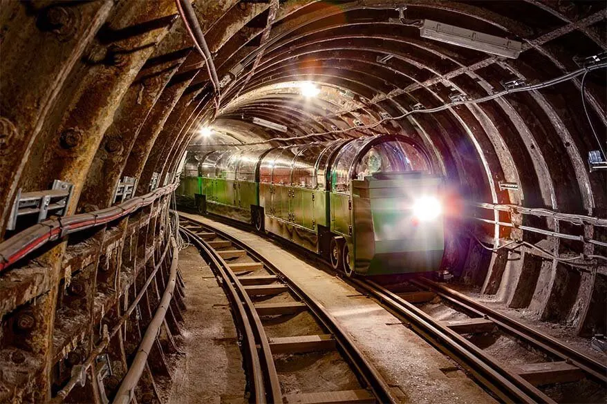 Mail Rail Train in a tunnel at the Postal Museum in London