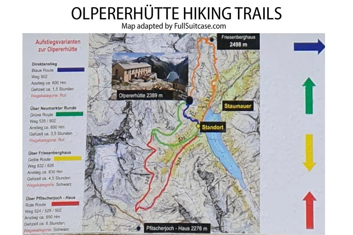 Map of all hiking trails leading to Olpererhutte from Schlegeis Reservoir