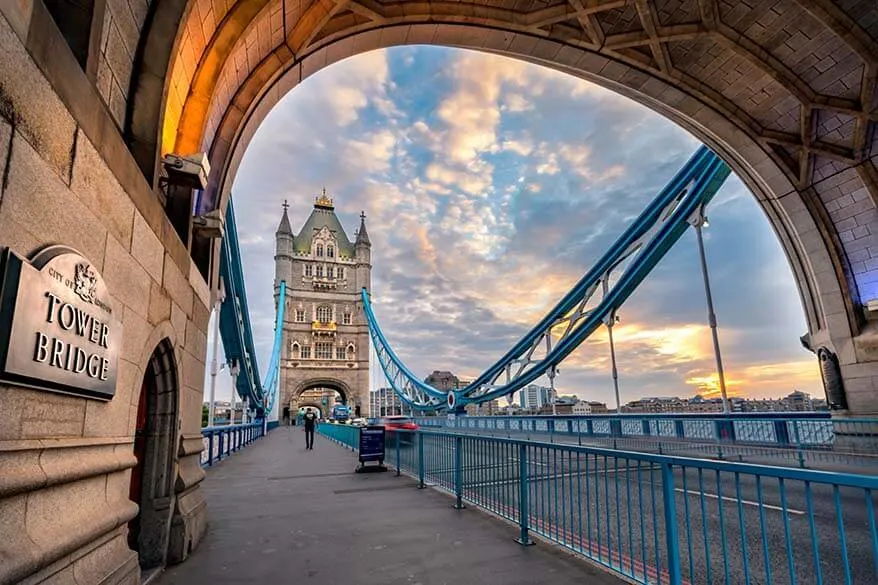 Unique angle view on Tower Bridge in London