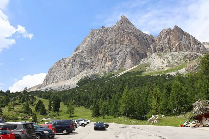 Car parking at Col Gallina near Falzarego Pass in the Italian Dolomites