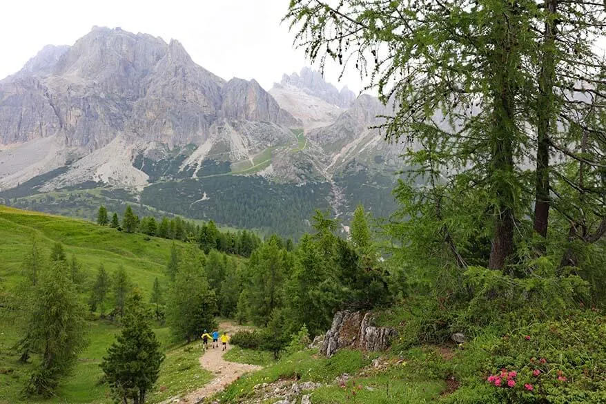 Dolomites scenery with Lagazuoi mountain as seen from Lake Limides hike