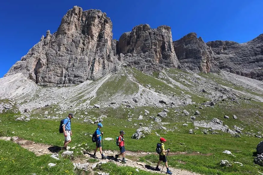 Family hiking near Forcella Giau in the Italian Dolomites