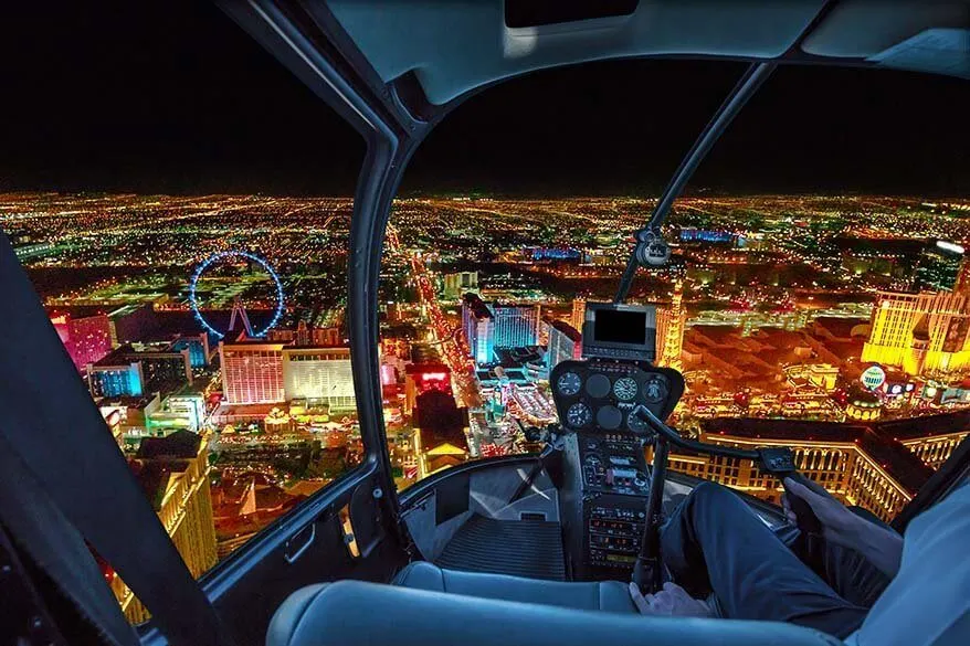 Helicopter flight over Las Vegas Strip at night