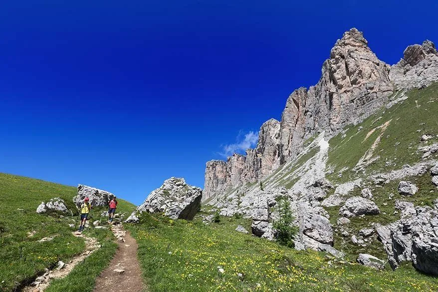 Hiking part of the Dolomite High Route 1 near Passo di Giau