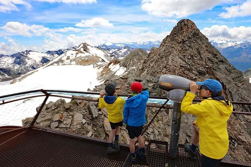 Kids at the Top of Tyrol viewing platform at Stubai Glacier