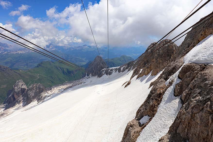 Marmolada glacier as seen from cable car at Punta Rocca