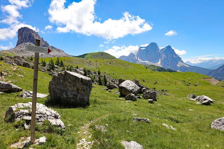 Signs to Mesolithic burial site of Mondeval Man near Passo Giau Lake Federa hike